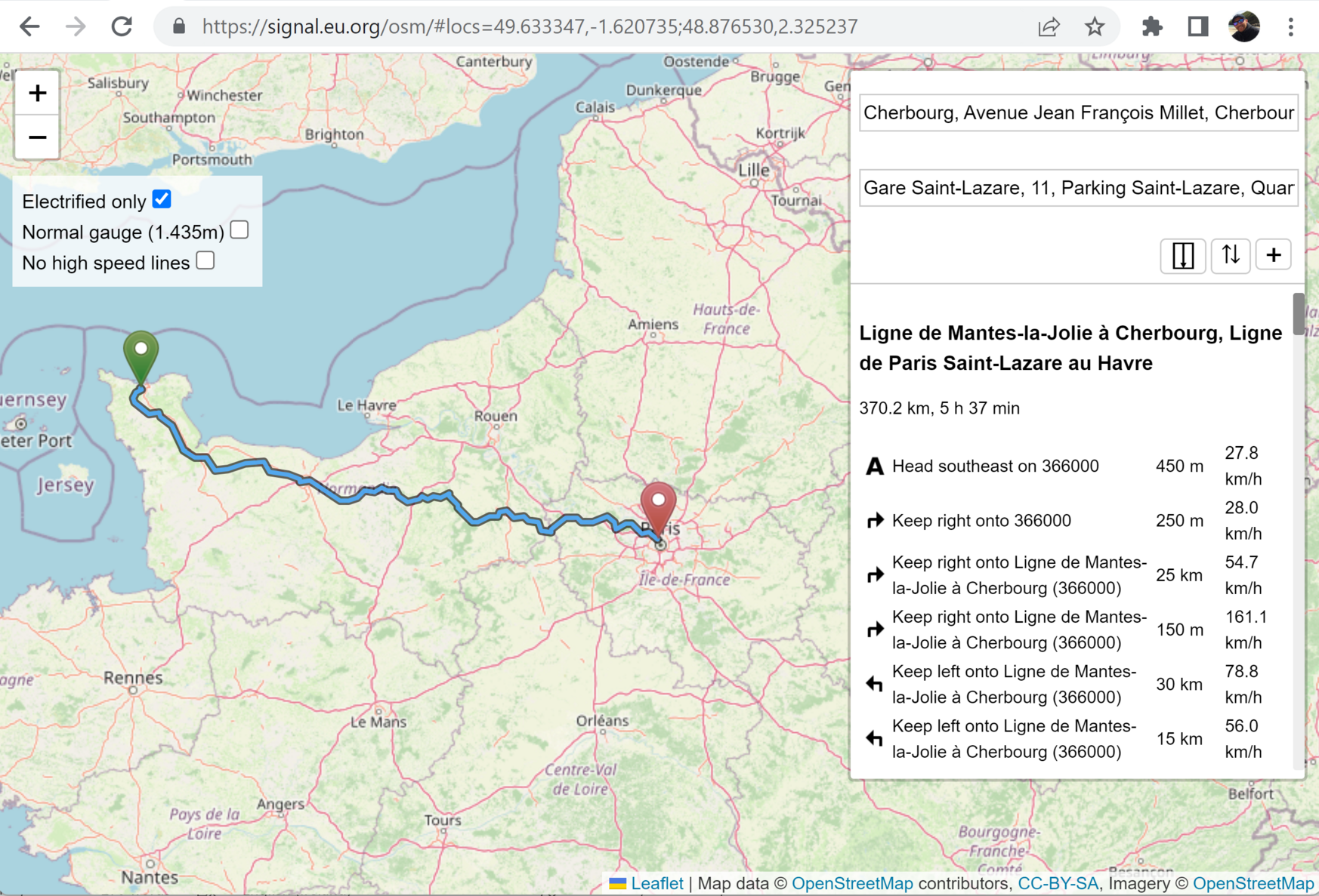 Map showing train route from Cherbourg to Paris St Lazare