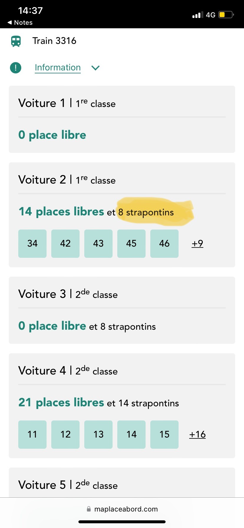 Screenshot from a site showing seat availability on our train. There is a section for each carriage listing the number of unreserved seats plus unreserved flap-down seats. I’ve highlighted one French word in yellow: “strapontins”