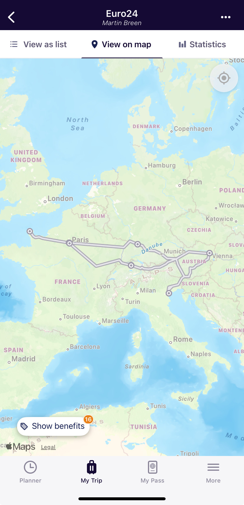 Screenshot from the Interrail Rail Planner app showing a map of Western Europe with our rail journey mapped. 